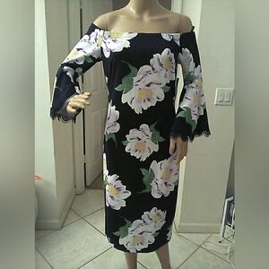 NWT PREMIER AMOUR Navy Floral Long Sleeve Dress OFF SHOULDERS SZ 10 DAY/EVENING